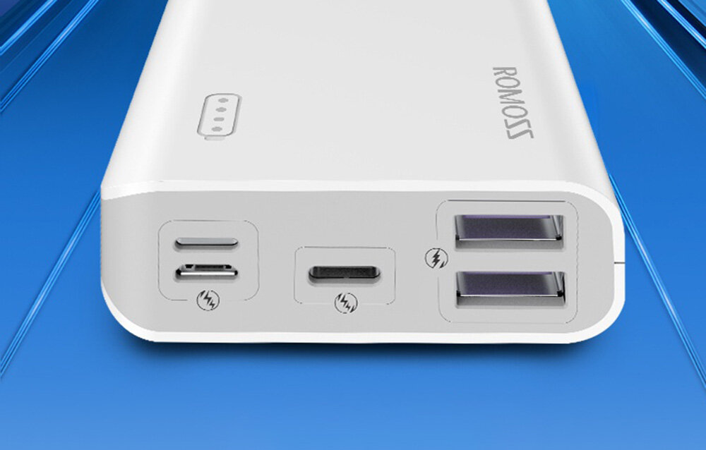 Powerbank ROMOSS Sense 4S Pro pojemność moc porty wyjścia USB-A USB typ-C ładowanie szybkość ekran diody wymiary waga odporny bezpieczny