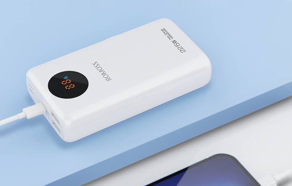 Powerbank ROMOSS SW10PF    pojemność moc porty wyjścia USB-A USB typ-C ładowanie szybkość ekran diody wymiary waga odporny bezpieczny