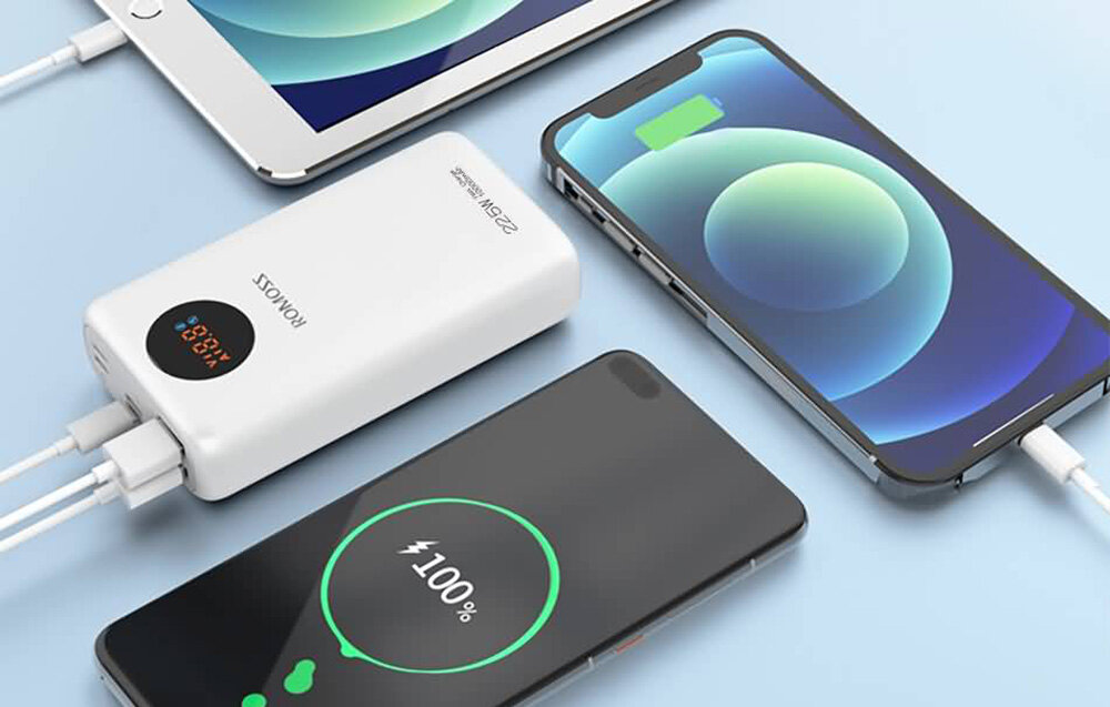 Powerbank ROMOSS SW10PF    pojemność moc porty wyjścia USB-A USB typ-C ładowanie szybkość ekran diody wymiary waga odporny bezpieczny