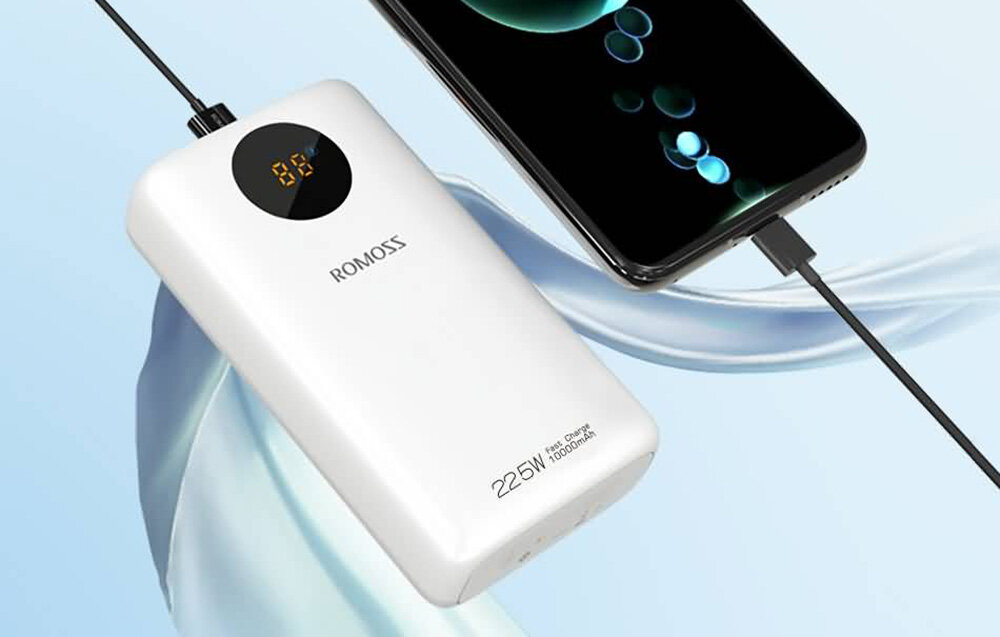 Powerbank ROMOSS SW10PF    pojemność moc porty wyjścia USB-A USB typ-C ładowanie szybkość ekran diody wymiary waga odporny bezpieczny