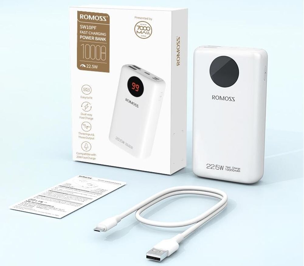 Powerbank ROMOSS SW10PF    pojemność moc porty wyjścia USB-A USB typ-C ładowanie szybkość ekran diody wymiary waga odporny bezpieczny