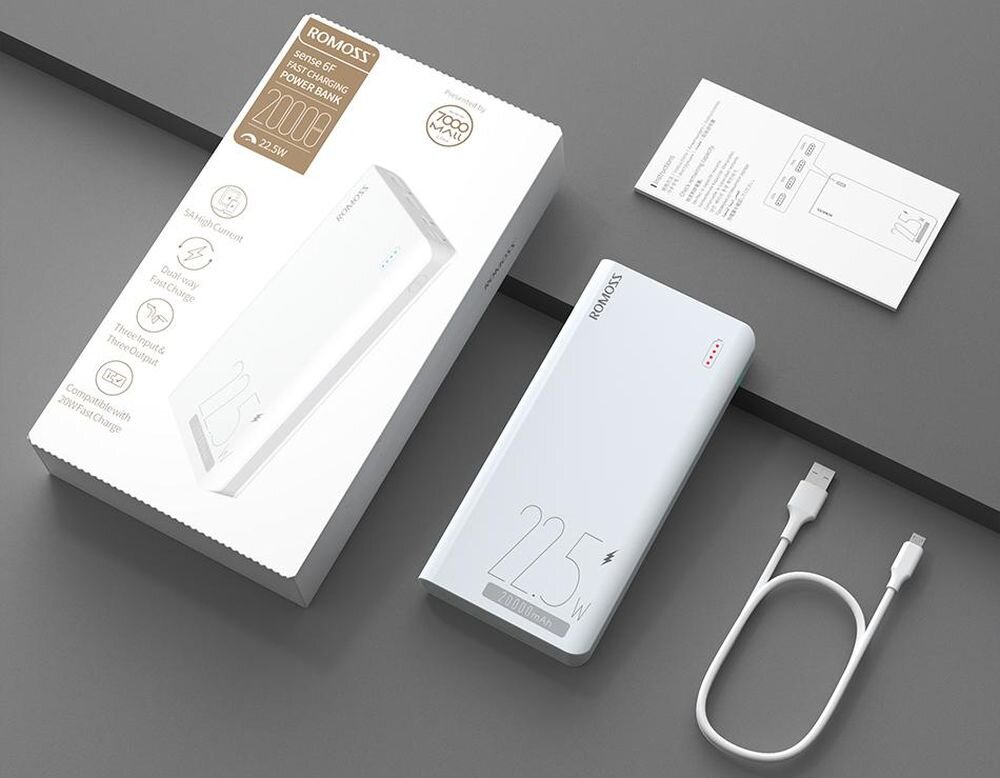 Powerbank ROMOSS Sense 6F pojemność moc porty wyjścia USB-A USB typ-C ładowanie szybkość ekran diody wymiary waga odporny bezpieczny
