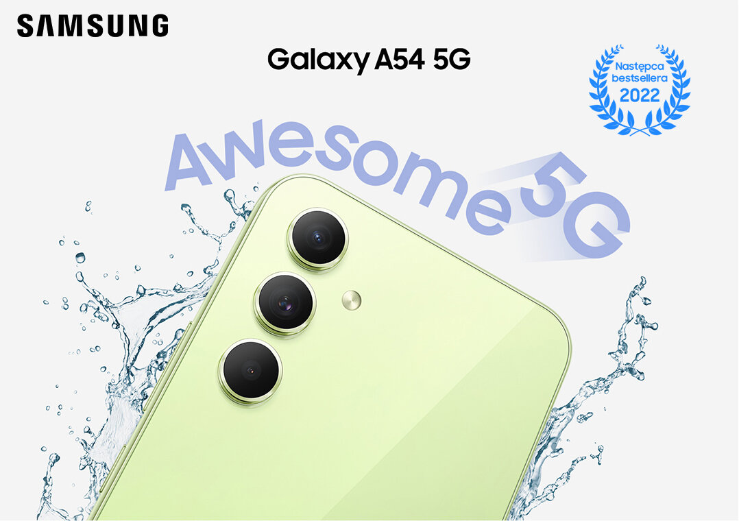 phpmrbjl5 kv badge Górna połowa tyłu Galaxy A54 5G w kolorze limonkowym została pokazana z rozpryskującymi się wokół niej kroplami wody.