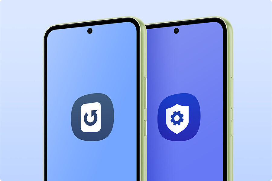 phpw06nrt sm-a546-09-4-os Dwa Galaxy A54 5G w kolorze limonkowym stoją obok siebie. Na ekranie pierwszego urządzenia znajduje się ikona OS Update. Na ekranie drugiego urządzenia widnieje ikona Knox Advanced Setting.
