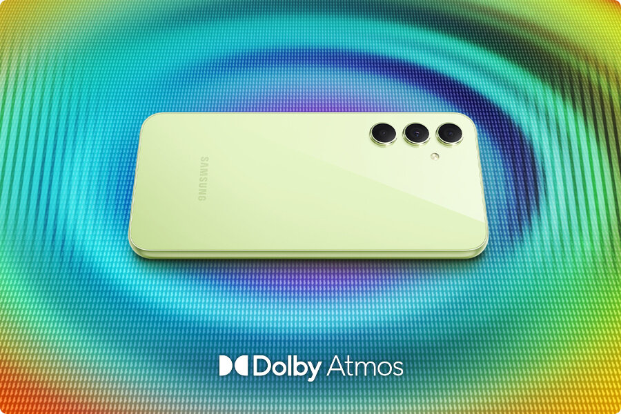 phpzxjifv sm-a546-09-3-sound Galaxy A54 5G pokazany tyłem, z telefonu emitowane są koncentryczne fale w dynamicznych kolorach. Na dole widoczne jest logo Dolby Atmos.