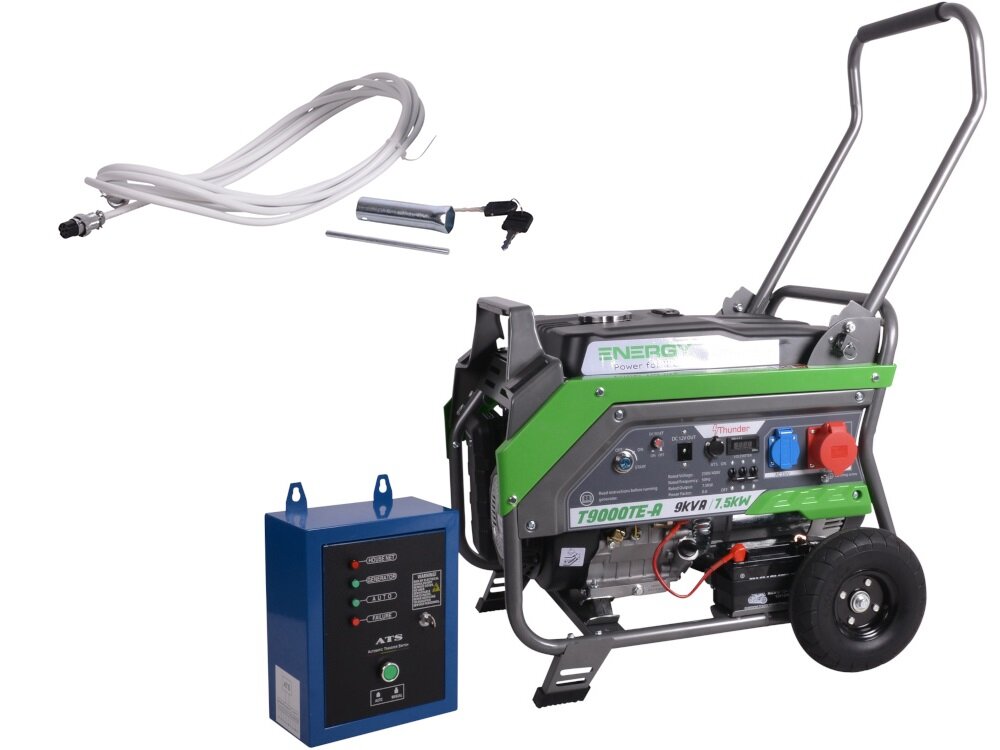 Agregat prądotwórczy ENERGY T9000TE-A EY07000008 zestaw na białym tle kabel sześciożyłowy dwa kluczyki cewka zapłonowa przekaźnik startowy cewka ładująca dokumentacja