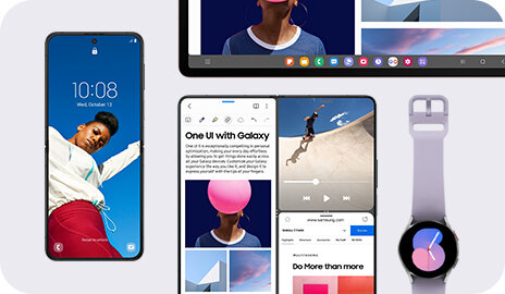 phpn1zysr sm-a346-10-4-one-ui Galaxy Z Flip po lewej stronie ma tapetę i widżet zegara cyfrowego. Obok znajduje się ekran Galaxy Z Fold podzielony na trzy części. Nad nim widoczny jest pasek zadań Galaxy Tab. Galaxy Watch po prawej stronie ma włączoną tarczę zegarka.