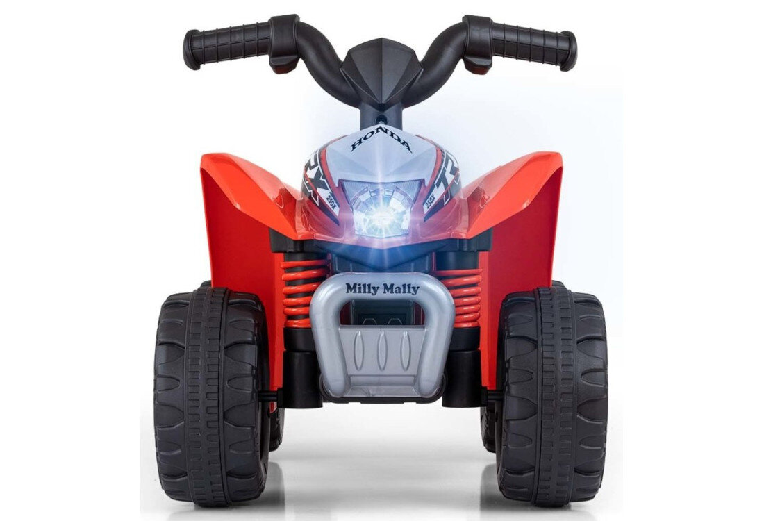 Quad elektryczny dla dziecka MILLY MALLY Honda ATV Czerwony Solidne wykonanie funkcjonalność szerokie koła z terenowym bieżnikiem Stalowe osie kół wyprofilowane siedzisko przedni reflektor