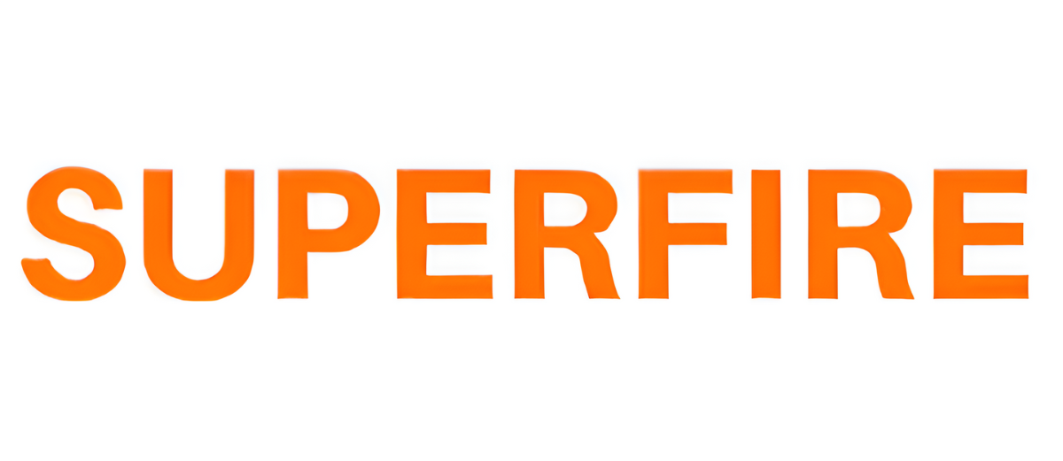 Logo z napisem \'SUPERFIRE\' w kolorze pomarańczowym na białym tle.