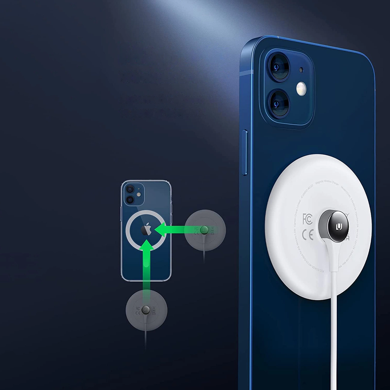 Obraz przedstawia niebieski smartfon z zamontowaną białą ładowarką bezprzewodową z kablem USB-C. Na ładowarce widoczne są symbole \'FC\' i \'CE\'.