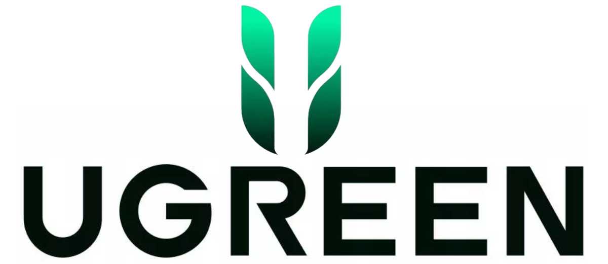 Logo z napisem \'UGREEN\' oraz zielonym symbolem przypominającym liście nad literami.