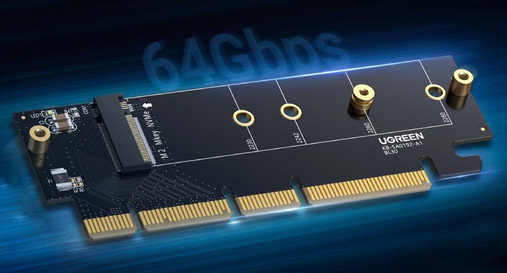 Karta rozszerzeń UGREEN CM465 Karta adaptera M.2 NVMe na tle niebieskich smug światła z naniesionym dużym napisem '64Gbps' sugerującym prędkość transferu danych