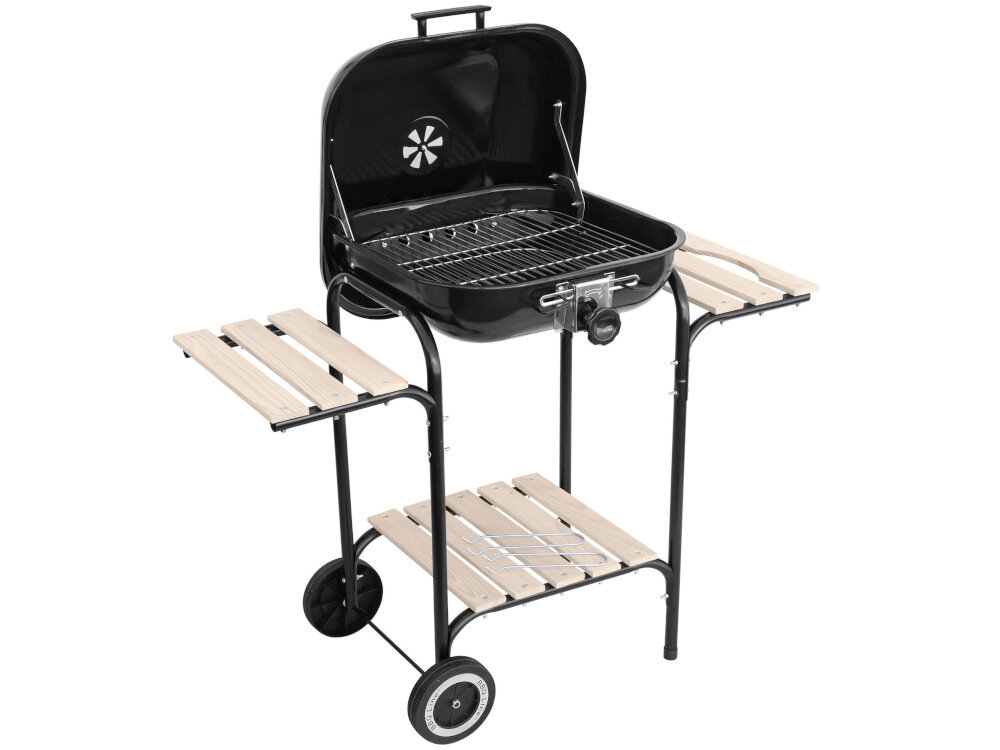 Grill węglowy MIRPOL MIR350 nowoczesny grill z drewnianym wykończeniem chromowany ruszt pokrywa z przesłoną wentylacyjną design będzie pasować do modnych aranżacji ogrodów do ogrodu na działkę na kemping