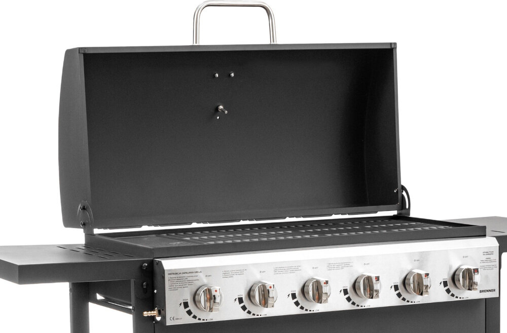 Grill gazowy MIRPOL Brenner G6 pokrywa utrzymuje optymalną temperaturę idealnie wysmażone potrawy chroni okolice grilla przed nadmiarem dymu solidna konstrukcja trwałość urządzenia