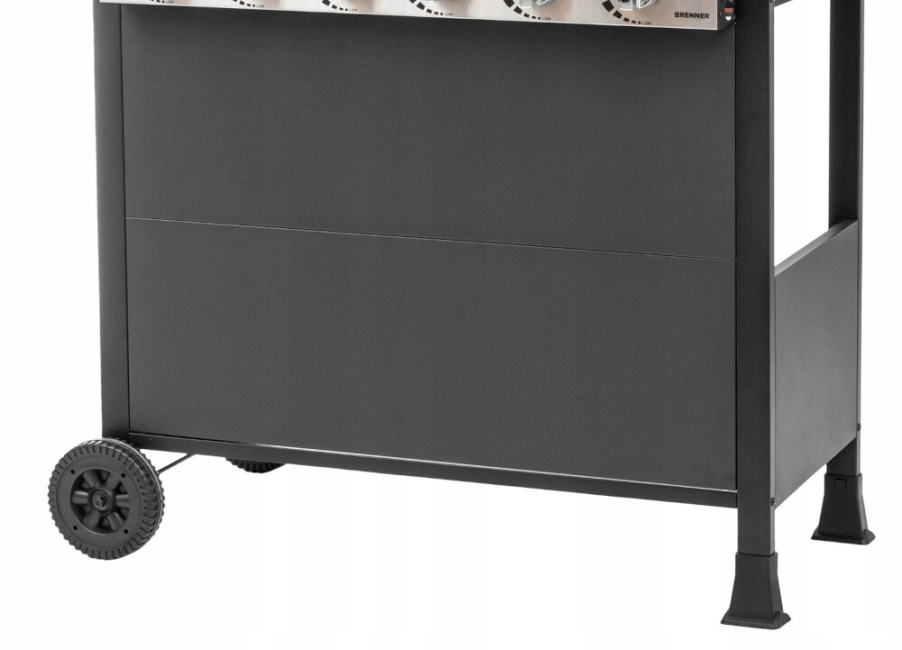 Grill gazowy MIRPOL Brenner G6 zamykana szafka na dole konstrukcji miejsce na butlę gazową w pełni komfortowe i praktyczne urządzenie dwa wytrzymałe koła ułatwiają przemieszczanie grilla po ogrodzie