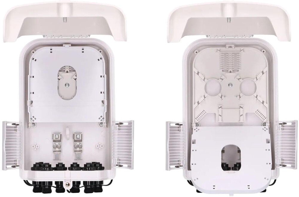Puszka połączeniowa EXTRALINK EX.18952 Dwie otwarte białe puszki połączeniowe ukazujące wewnętrzne komponenty do zarządzania okablowaniem