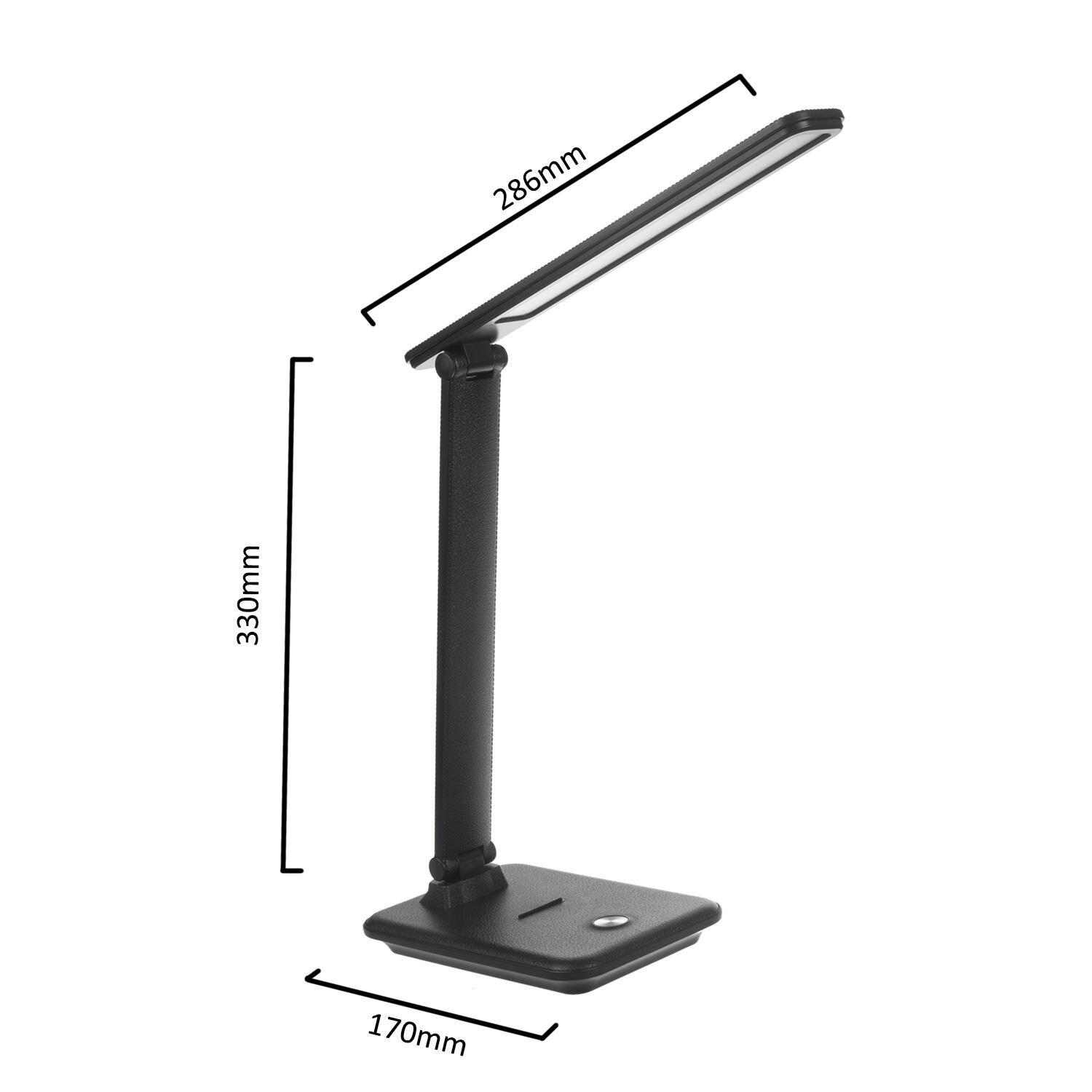 Czarna lampka biurkowa LED z prostokątną podstawą i regulowanym ramieniem. Wymiary: 286mm długości ramienia, 330mm wysokości, 170mm szerokości podstawy.