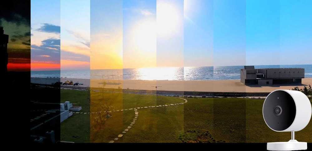 Kamera XIAOMI AW200 fotografia poklatkowa spersonalizowane dźwięki monitoring, kamera po skosie na tle oceanu