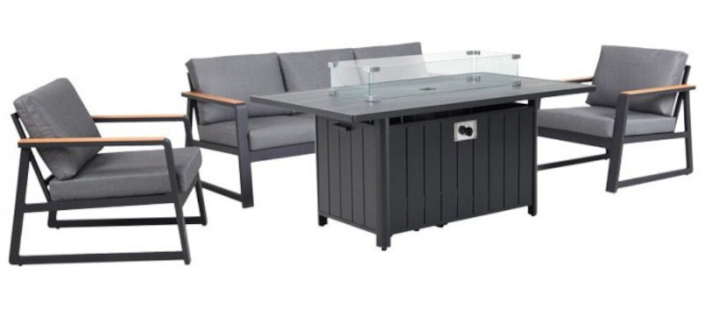 Zestaw mebli ogrodowych MIRPOL Grasse z paleniskiem Szary ekskluzywny zestaw stolik potrójna sofa dwa fotele w ponadczasowym stylu dla 5 osób