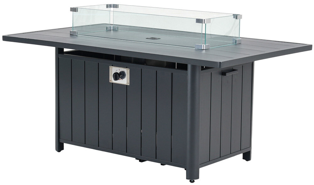 Zestaw mebli ogrodowych MIRPOL Grasse z paleniskiem Szary stół płaski blat wymiary 90 x 150 x 66 cm odporny na uderzenia zmienne warunki pogodowe