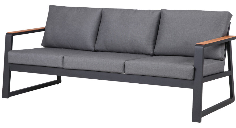 Zestaw mebli ogrodowych MIRPOL Grasse z paleniskiem Szary sofa z 3 miejscami opływowy uniwersalny kształt wymiary 200 x 84 x 73,5 cm odpowiednio wyprofilowane siedziska szerokie podłokietniki odciążające ręce miękkie poduszki