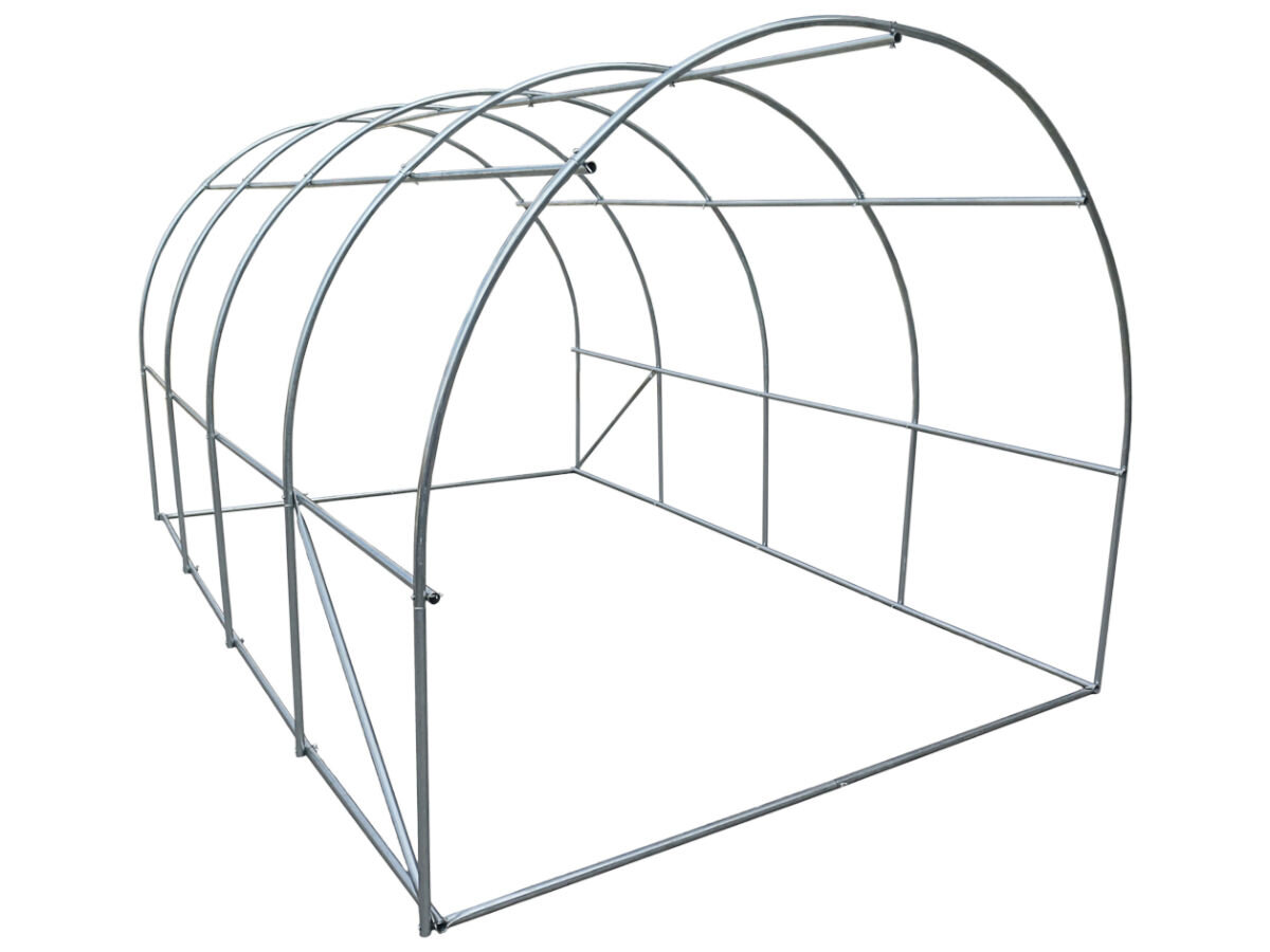 Szklarnia MIRPOL 250 x 200 x 400 cm, stal, galwanizowana, trwałość, polietylen, UV, na białym tle w pełni złożony szkielet szklarni bez powłoki