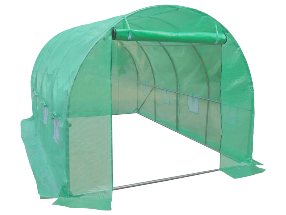 Szklarnia MIRPOL 300 x 450 x 200 cm, hodowla, rośliny, Szklarnia, wzrost, na białym tle szklarnia w pełni rozłożona, frontem lewo skos od strony wejścia