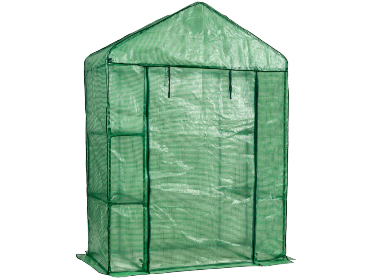 Szklarnia MIRPOL 140 x 200 x 70 cm Zielony, przestrzeń, balkon, uprawa, owoce, warzywa, na białym tle szklarnia stoi pionowo w pełni rozłożona frontem lewo skos