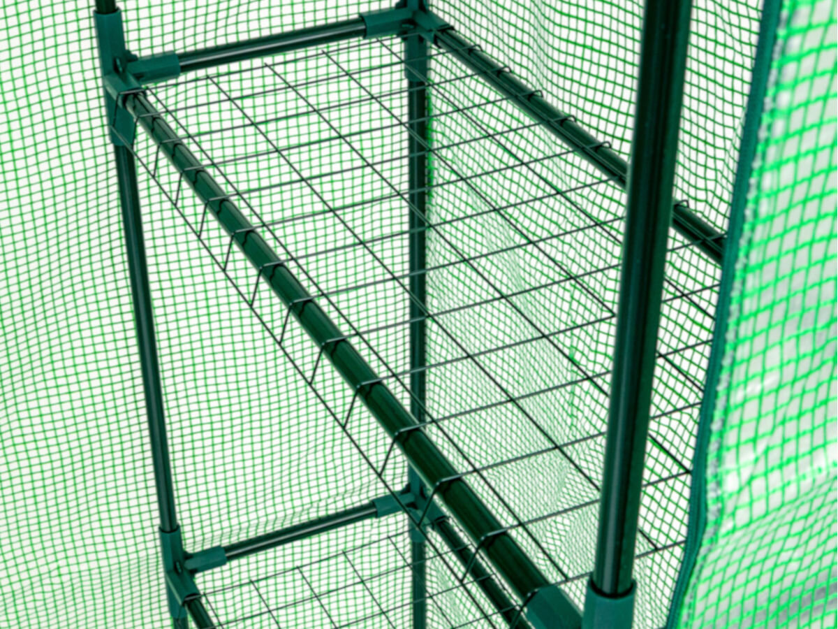 Szklarnia MIRPOL 140 x 200 x 70 cm Zielony, rurki, ścianki grubość, trwałość, odporność, zbliżenie na konstrukcję półek w środku szklarni