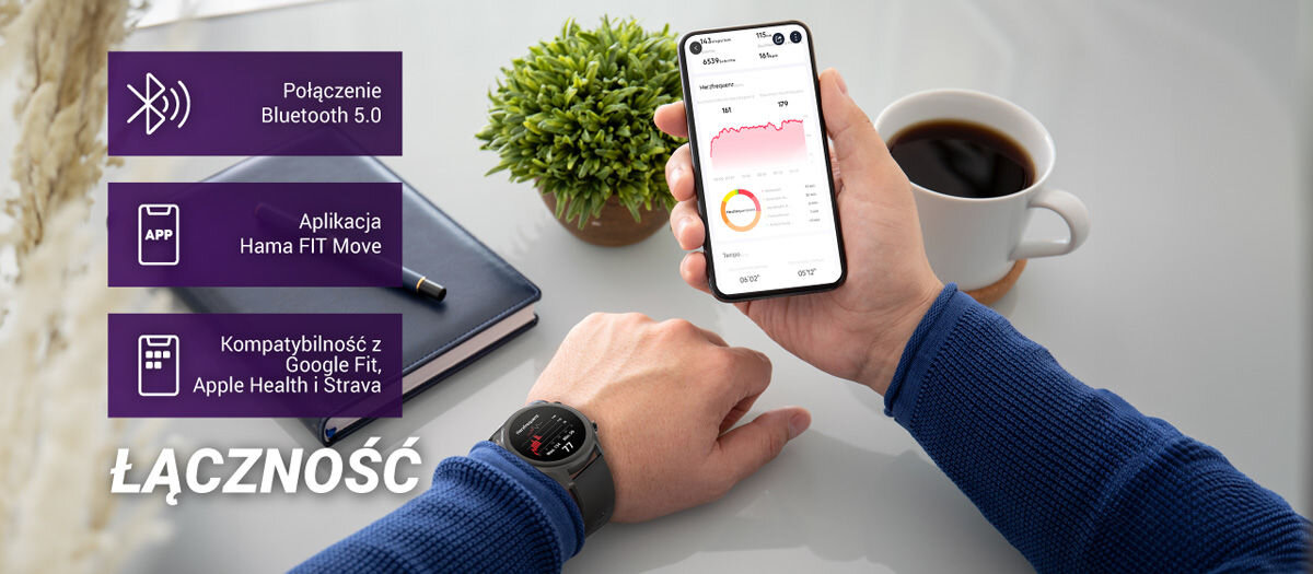 Smartwatch HAMA Fit Watch 6910 Łączność połączenie bluetooth 5.0 aplikacja hama fit move kompatybilność z google fit apple health i strava