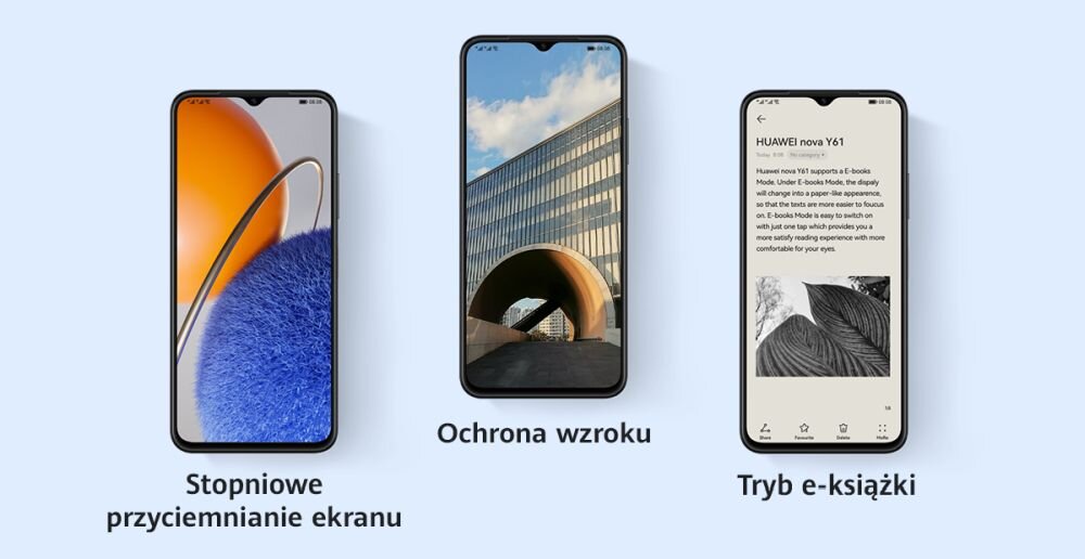 SMARTFON HUAWEI NOVA Y61 ekran bateria aparat procesor ram pamięć pojemność rozdzielczość zdjęcia filmy opis dane cechy blokady system łączność wifi bluetooth obudowa szkło odporność porty muzyka transfer sieć przekątna matryca waga czujniki oled amoled ips