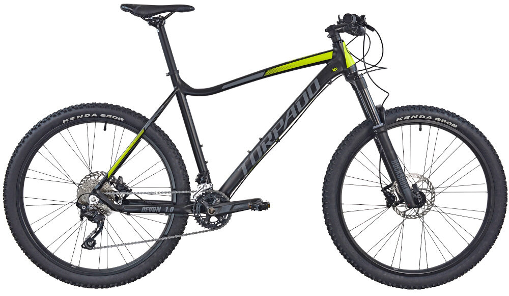 Rower górski MTB TORPADO Devon 1.0 M17 27.5 cala męski Czarno-żółty pojazd dla sportowców do jazdy wyczynowej uniwersalne właściwości dla amatoró do jazdy w mieście za miastem w lesie na górskim szlaku niezbyt grząskim błocie nie za głębokim piachu