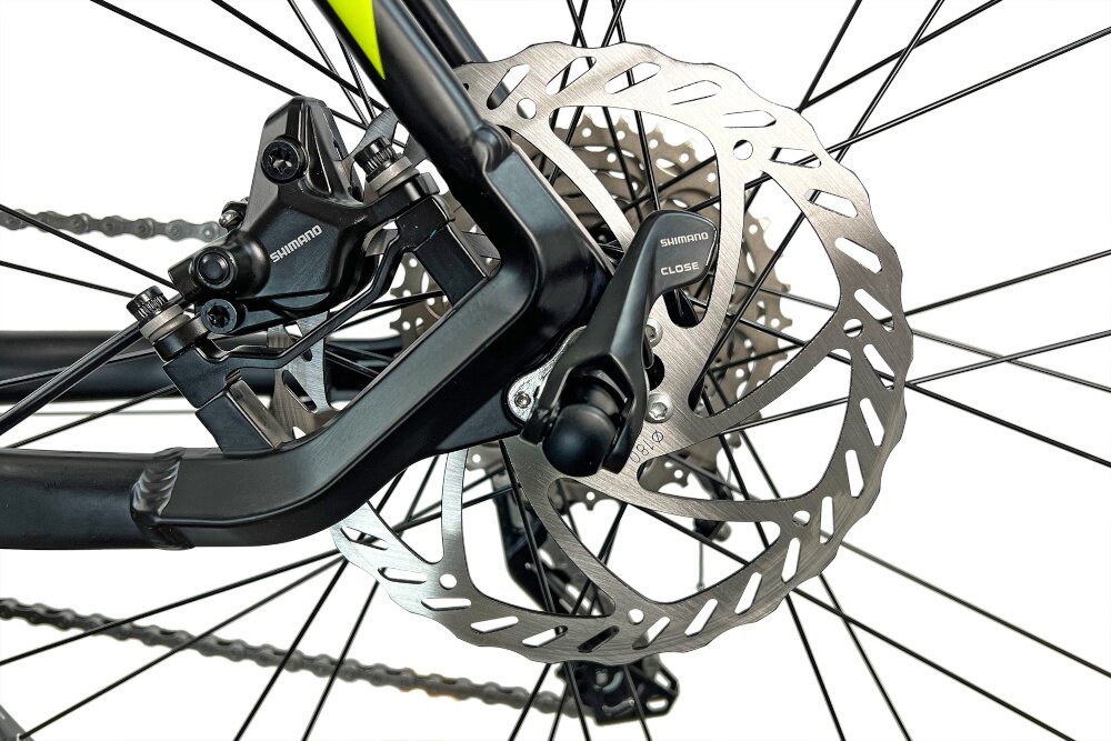 Rower górski MTB TORPADO Devon 1.0 M17 27.5 cala męski Czarno-żółty hamulce tarczowe hydrauliczne marki SHIMANO duża siła hamowania w każdych warunkach pogodowych na każdej trasie płyn hamulcowy precyzyjne określenie mocy hamowania