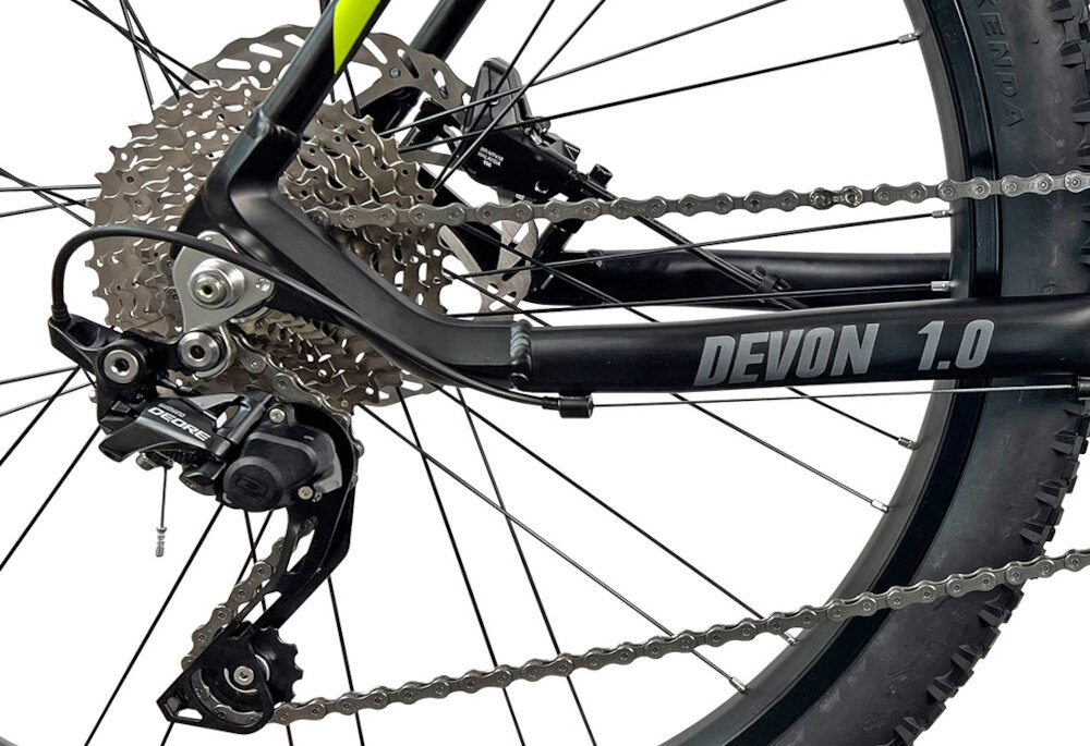 Rower górski MTB TORPADO Devon 1.0 M17 27.5 cala męski Czarno-żółty 20 przełożeń przerzutka przednia marki MicroSHIFT tylna przerzutka marki SHIMANO Deore lekkie niezawodne precyzyjne równomierne płynne łatwa zmiana przełożeń