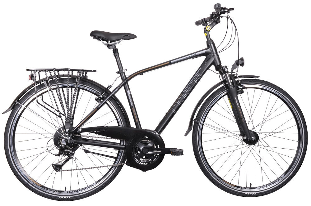 Rower trekkingowy INDIANA X-Road 3.0 M21 28 cali męski Czarno-brązowy rama aluminiowa 17-calowa zwinny lekki łatwo podnieść odporny na korozję w czarno-brązowym kolorze wybór rozmiaru ramy Twój wzrost mierzony w zrelaksowanej pozycji typ roweru dla osób o wzroście od 180 do 190 cm.