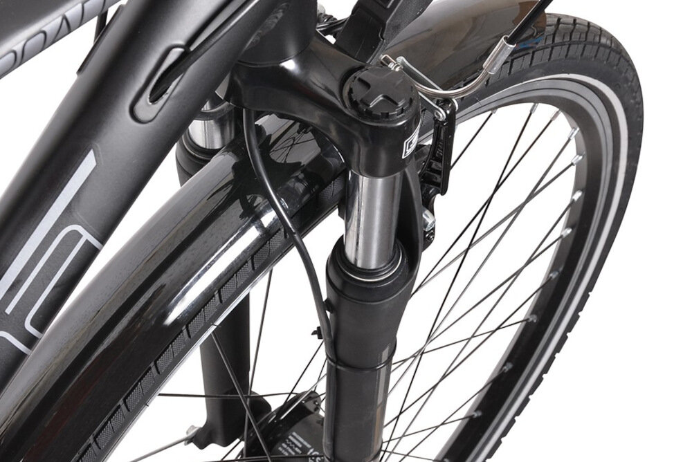Rower trekkingowy INDIANA X-Road 3.0 M21 28 cali męski Czarno-brązowy rower typu hardtail amortyzator przedni sprężynowy marki SR Suntour M-3010-AP 1 1/8 ułatwia najeżdżanie na przeszkody niweluje wstrząsy na kierownicy niska masa roweru duża sztywność można regulować