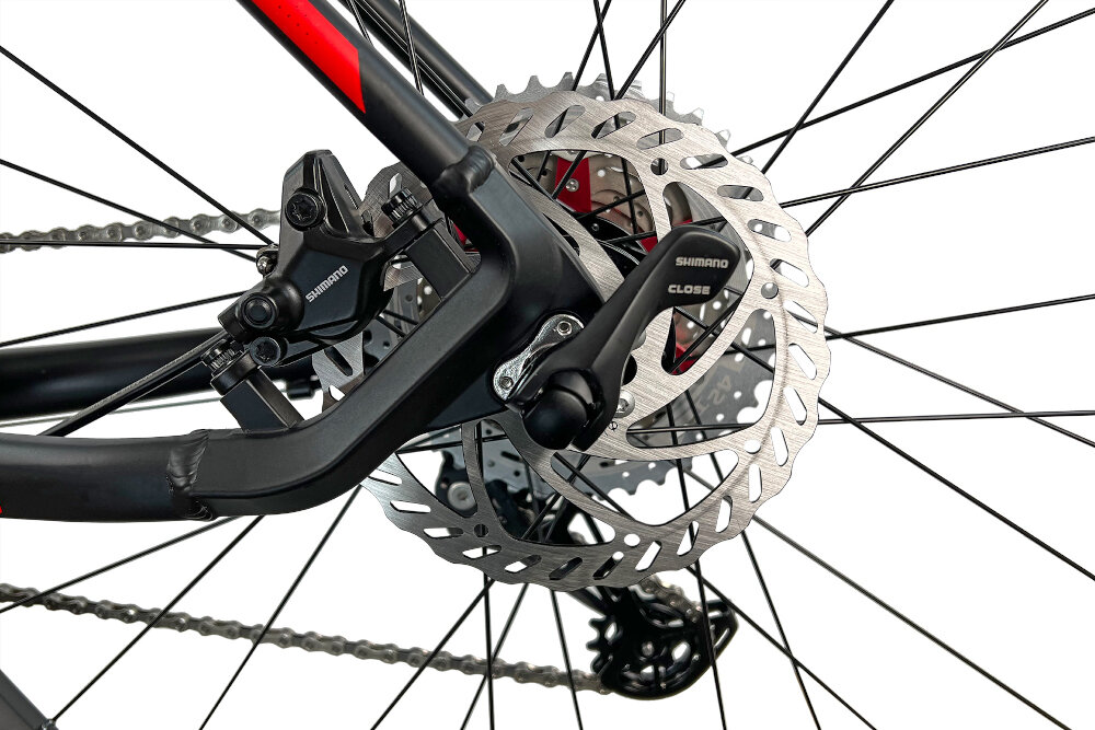 Rower górski MTB TORPADO Storm X8 M23 29 cali męski Czarno-czerwony hamulce tarczowe hydrauliczne marki SHIMANO duża siła hamowania w każdych warunkach pogodowych na każdej trasie płyn hamulcowy