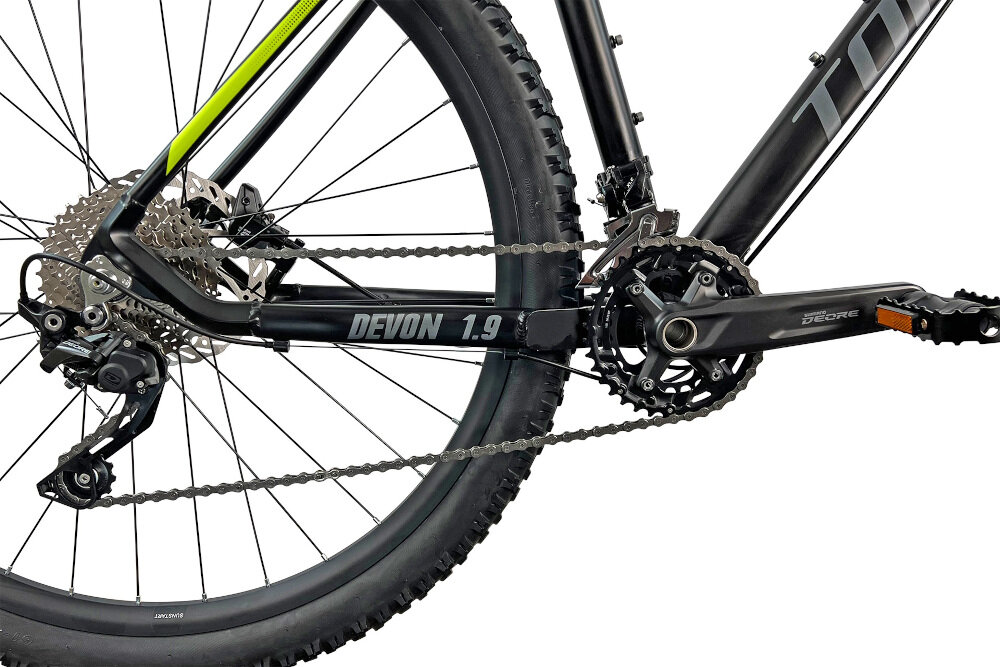 Rower górski MTB TORPADO Devon 1.9 M20 29 cali męski Czarno-żółty 20 przełożeń przerzutka przednia marki MicroSHIFT tylna przerzutka marki SHIMANO Deore lekkie niezawodne precyzyjne równomierne płynne łatwa zmiana przełożeń