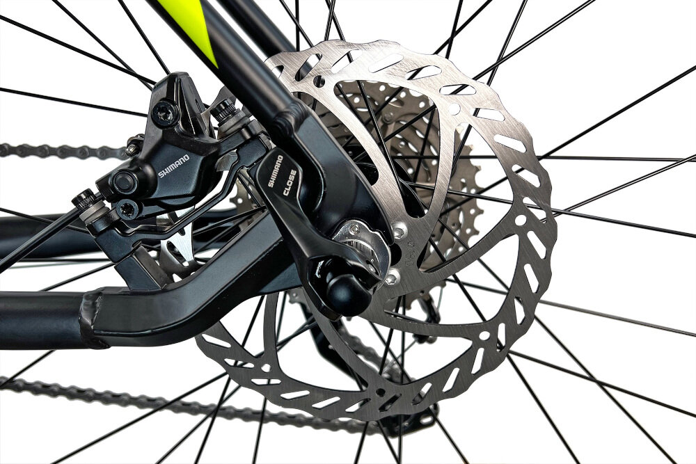 Rower górski MTB TORPADO Devon 1.9 M22 29 cali męski Czarno-żółty hamulce tarczowe hydrauliczne marki SHIMANO duża siła hamowania w każdych warunkach pogodowych na każdej trasie płyn hamulcowy precyzyjne określenie mocy hamowania