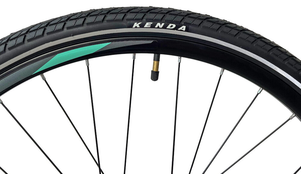 Rower crossowy INDIANA X-Cross 3.0 D21 damski Czarno-turkusowy koła rozmiar 28 cali opony wąskie KENDA regularne sprawdzanie ciśnienia powietrza wartość na bocznej części opony