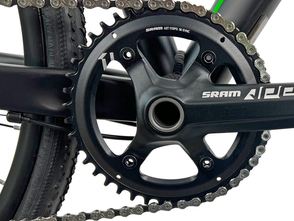Rower przełajowy FONDRIEST Raptor 1.0 M24 28 cali męski Czarno-zielony lekka wydajna konstrukcja korby SRAM Apex 1 XSync 42T 11SPD przenoszenie mocy przez pedały jest bardzo efektywne wkład suportu SRAM GXP XR BSA 68/73 mm gwarancja niezrównanej solidności