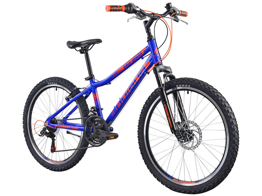 Rower młodzieżowy INDIANA Rock Jr 24 cale dla chłopca Niebiesko-pomarńczowy rower młodzieżowy typu górskiego MTB jazda po ścieżkach rowerowych wypad poza miasto sprawdzone rozwiązania ułatwiające obsługę roweru zwiększające bezpieczeństwo dziecka dla chłopców w wieku od 7 do 12 lat