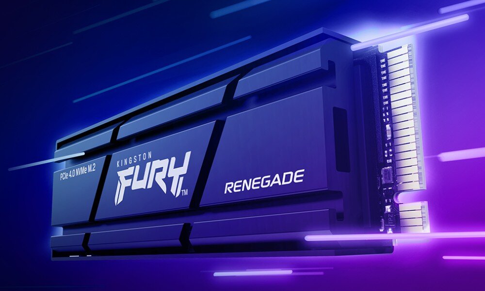 Dysk KINGSTON Fury Renegade Podłużny dysk komputerowy z widocznymi stykami z prawej strony, przedstawiony na ciemnoniebieskim i fioletowym tle z jasnymi liniami sugerującymi ruch, pojemność, interfejs, prędkość