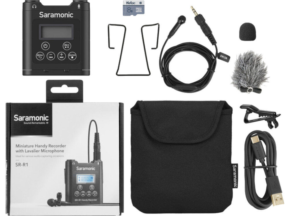 Rejestrator dźwięku SARAMONIC SR-R1 opakowanie zestaw akcesoria