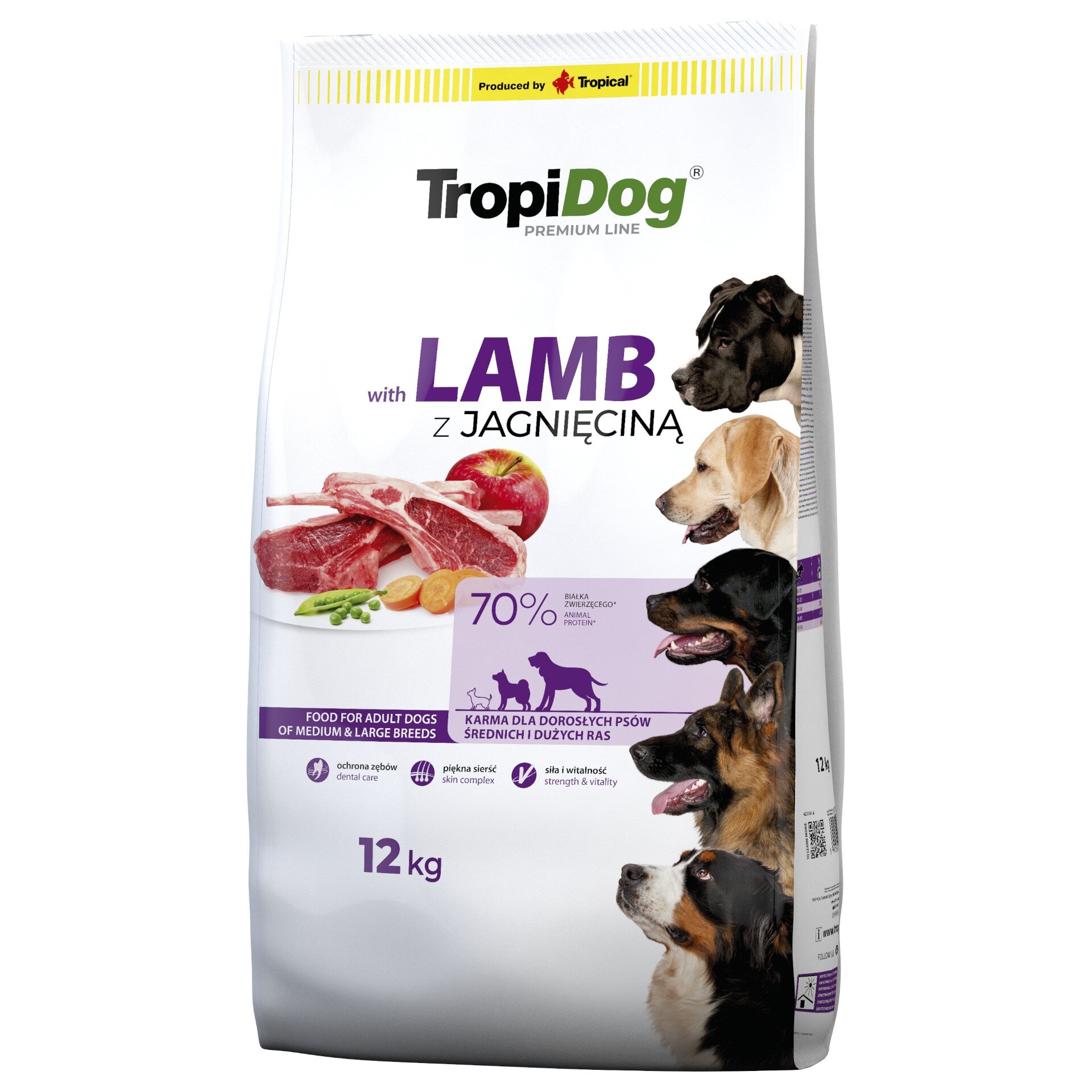 Opakowanie suchej karmy dla psów TropiDog Premium Line z jagnięciną, o wadze 12 kg. Na opakowaniu widoczne są zdjęcia psów oraz kawałki mięsa, a także napisy informujące o składzie i przeznaczeniu produktu.