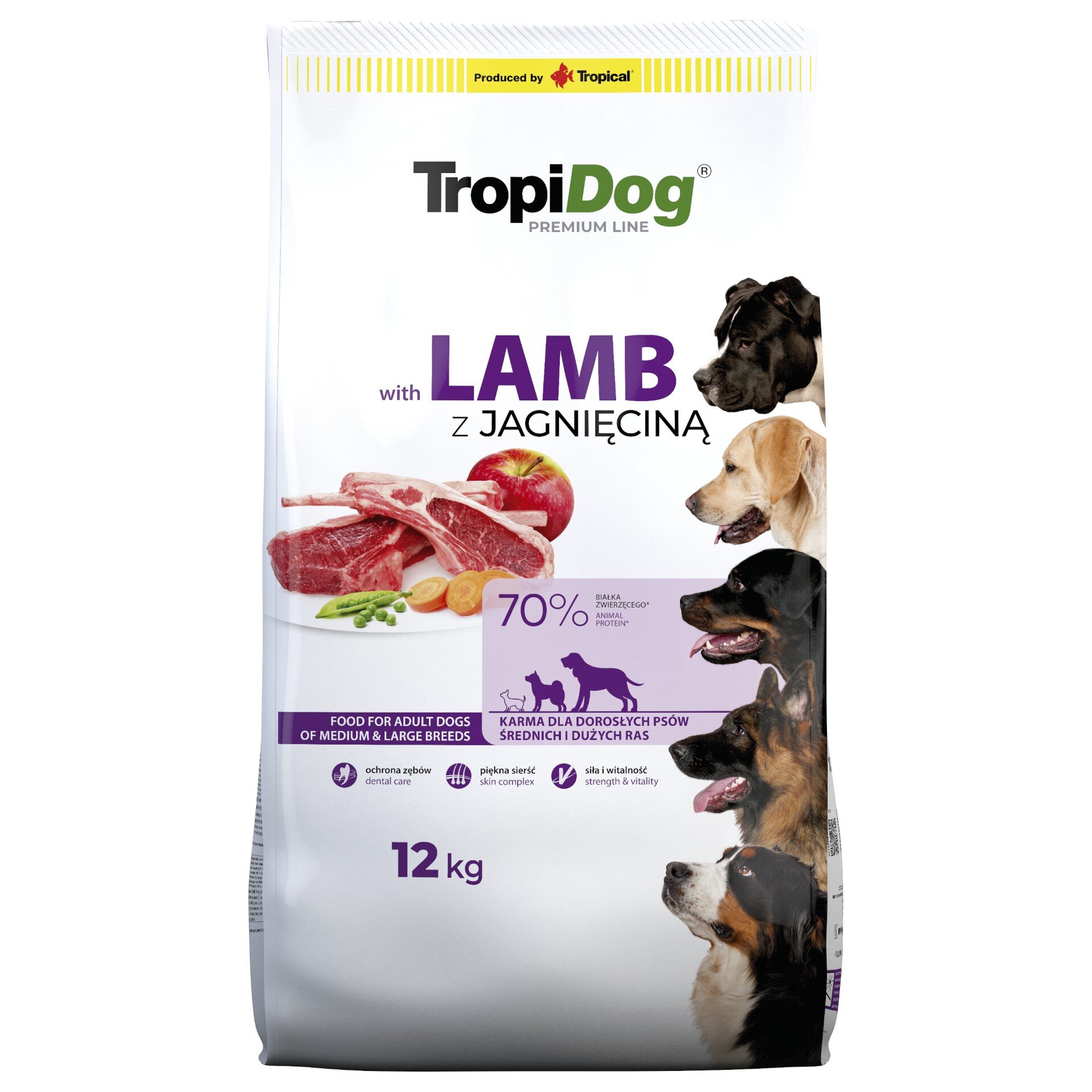 Opakowanie suchej karmy dla psów TropiDog Premium Line z jagnięciną, o wadze 12 kg. Na opakowaniu widoczne są zdjęcia psów oraz kawałki mięsa i warzyw, a także tekst: \'with LAMB z JAGNIĘCINĄ\'.
