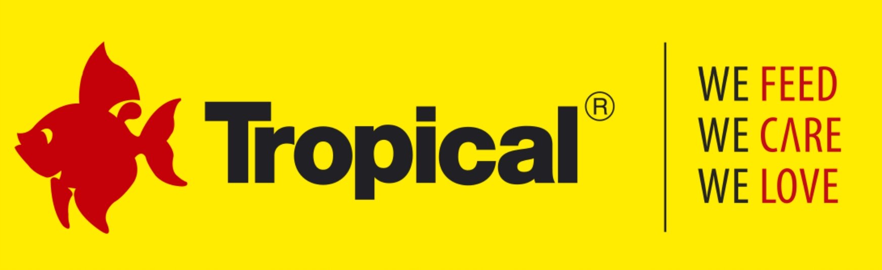 Logo Tropical z czerwonym symbolem ryby na żółtym tle oraz tekstem \'WE FEED WE CARE WE LOVE\'.