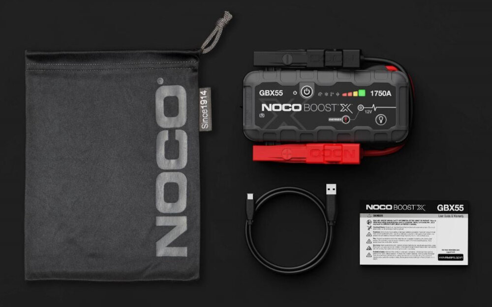 Urządzenie rozruchowe NOCO Boost X GBX55 zestaw kabel USB-A/USB-C etui zaciski akumulatorowe HD torba dokumentacja
