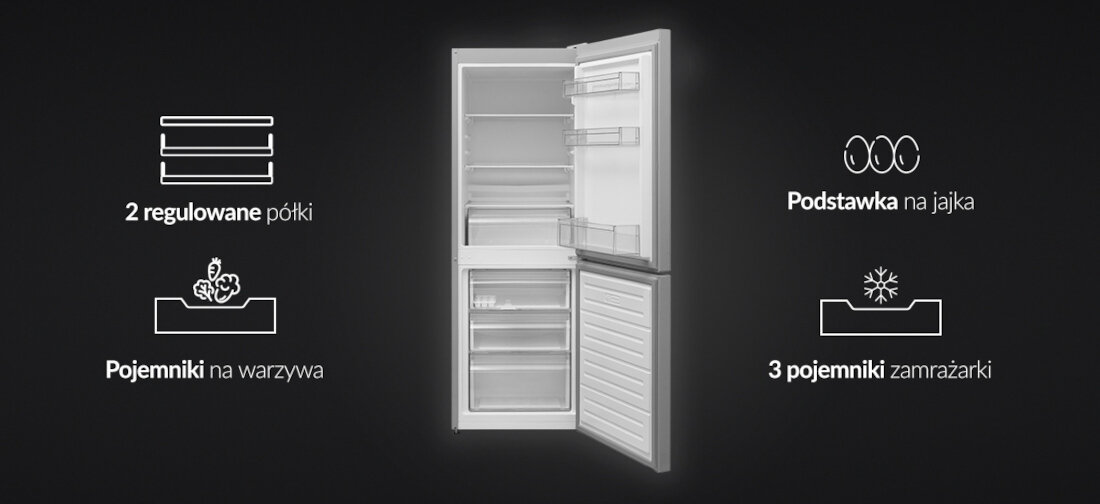 Lodowka FINLUX FR-FB252XFM0S 152cm Srebrna potrzeby Dwie regulowane polki i trzy praktyczne szuflady