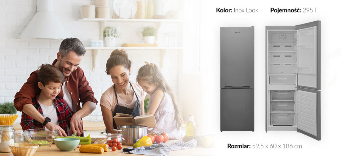 Lodowka FINLUX FR-FB379XFM0XL No frost 186cm Srebrna pojemnosc 295l wymiary
